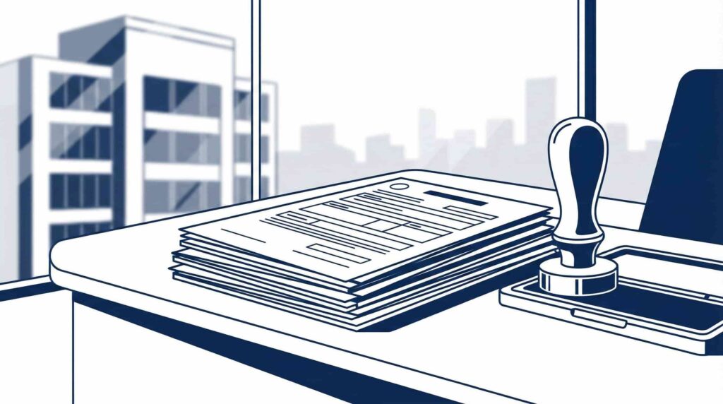 法人で古物商許可を申請する際の書類とオフィスのイメージ