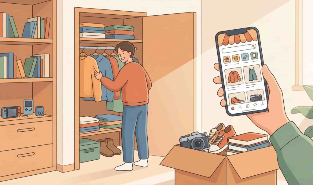 自分で使っていた不用品をフリマアプリで販売するイメージ