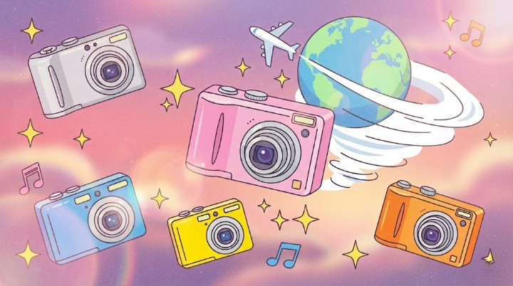 2026年トレンドのカメラ転売(レトロデジカメ・eBay輸出)のワクワクするイメージ