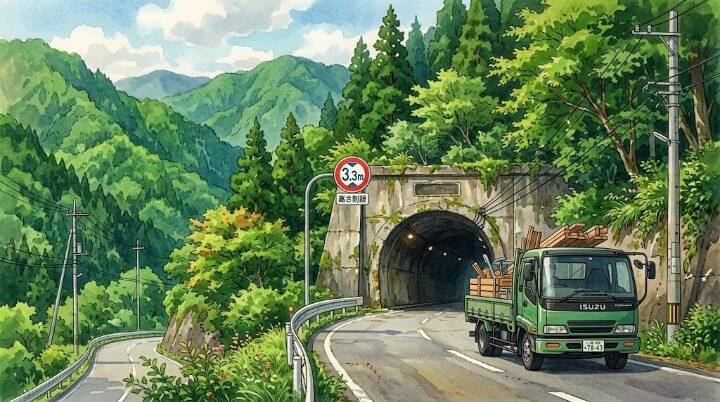 高さ3.3m制限の標識が設置されたトンネル入口と積荷トラック