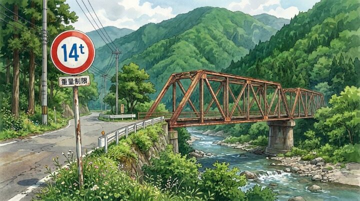 山間部の老朽化した橋の手前に設置された総重量14t制限の標識