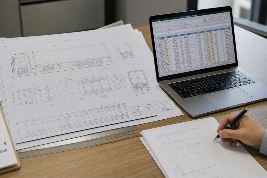 連結最小回転半径の計算シートと車両外観図を並べて確認する作業デスク