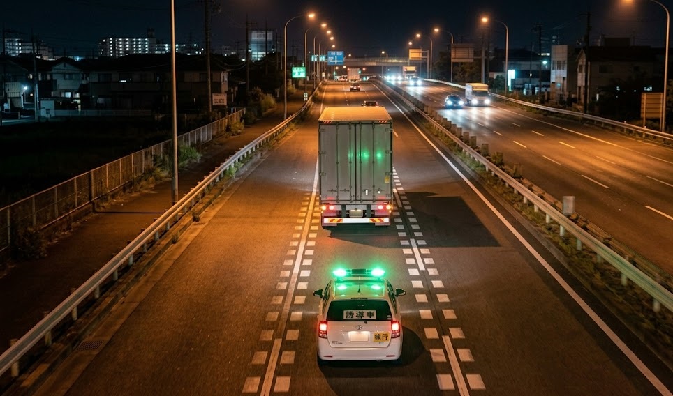 夜間の国道で大型トレーラの後方を走る緑色回転灯付き誘導車｜特車の通行条件C・D