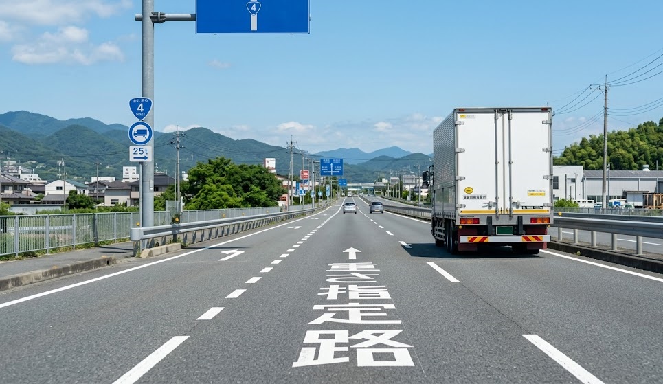 重さ指定道路の路面標示と25t標識｜バン型セミトレーラが走行する幹線道路
