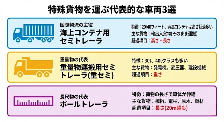 特殊貨物を運ぶ代表的な車両3つのイラスト