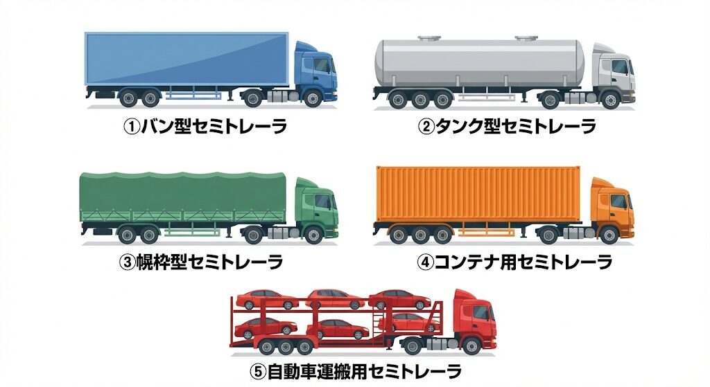 特例5車種の外観一覧（バン型・タンク型・幌枠型・コンテナ用・自動車運搬用セミトレーラ）