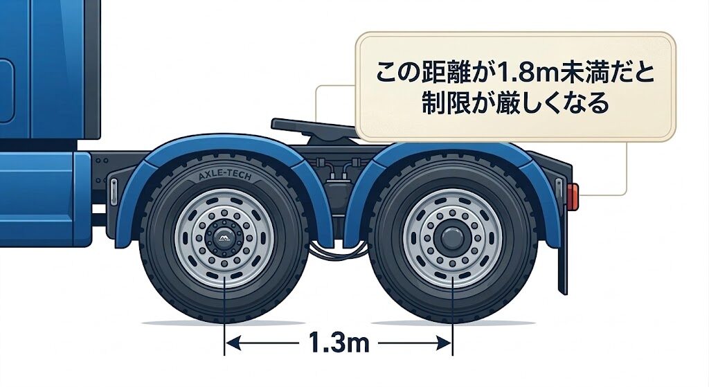 alt="トラクタ後部の2軸間距離1.3mを示す側面図。隣接軸距が1.8m未満の場合、特車申請で2軸合計重量の制限が厳しくなる"