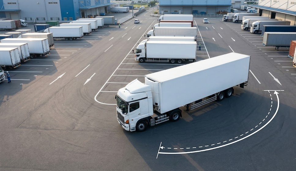 セミトレーラが旋回する様子と連結最小回転半径の計算イメージ