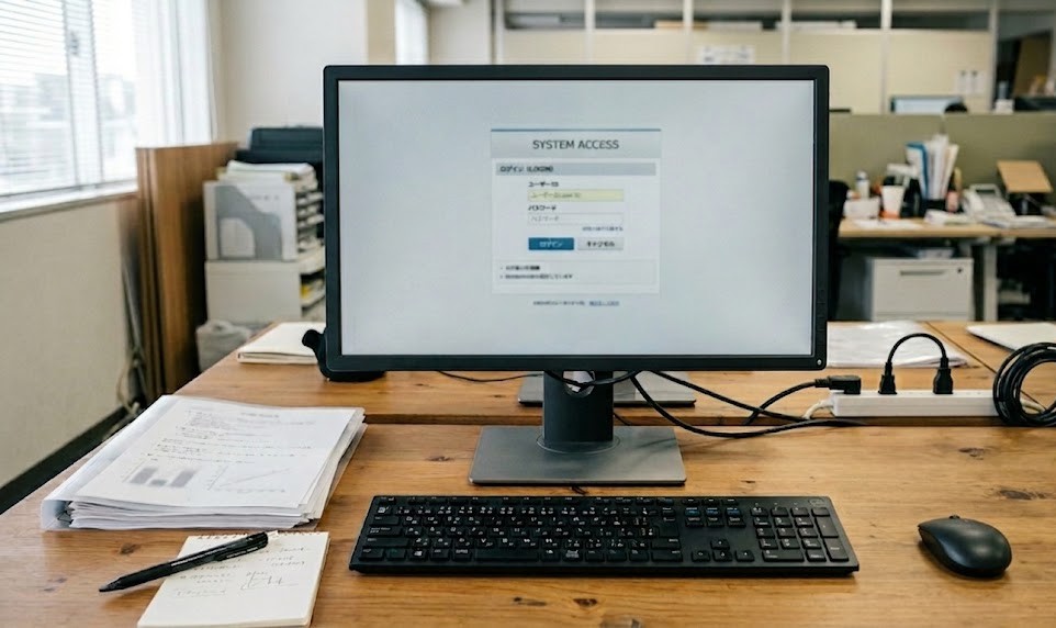 特車申請オンラインシステムのログイン画面が表示されたノートPCとデスク上の書類