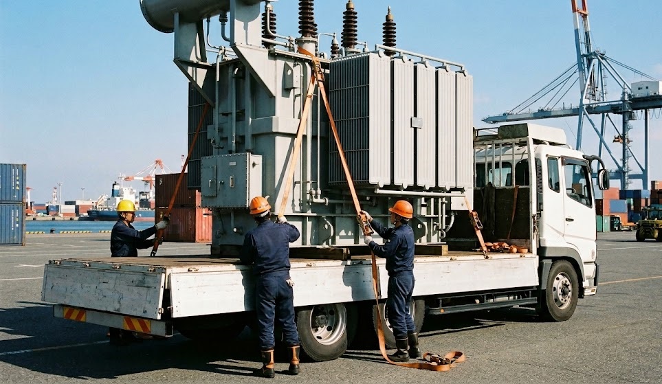 平ボディトラックの荷台に大型変圧器を積み込む港湾での固縛作業