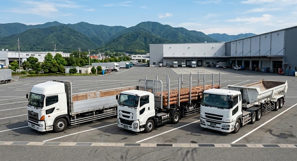 あおり型・スタンション型・船底型セミトレーラが並ぶ特例8車種の申請イメージ