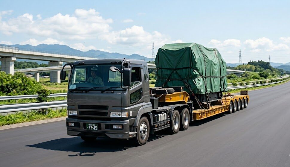 大型の産業機械を積載した多軸低床セミトレーラが日中の幹線道路を走行している写真