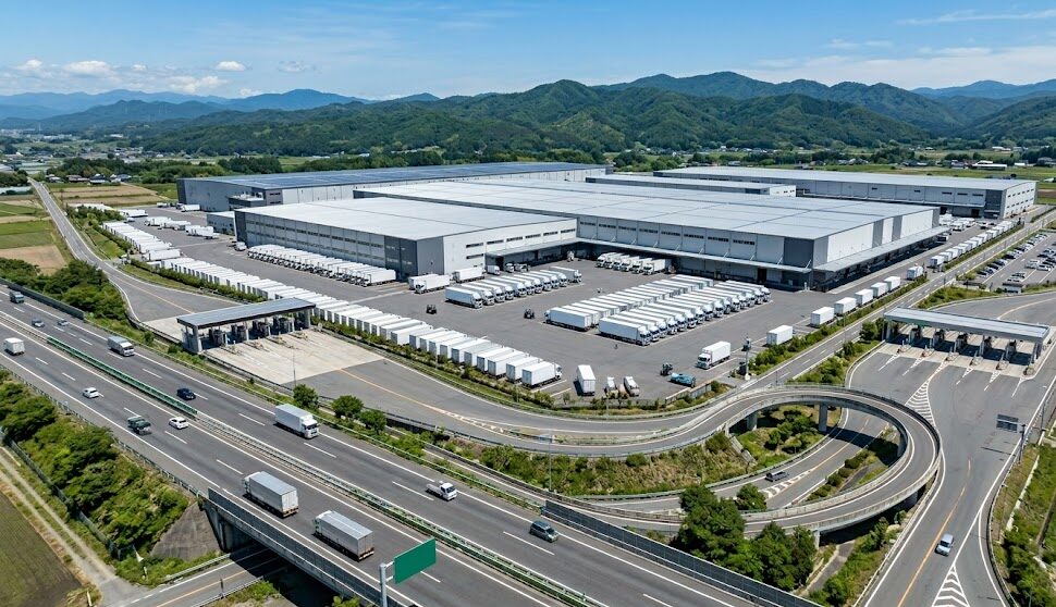 大型車誘導区間の高速道路を走行する大型トレーラートラック（特車申請の審査期間短縮のイメージ）