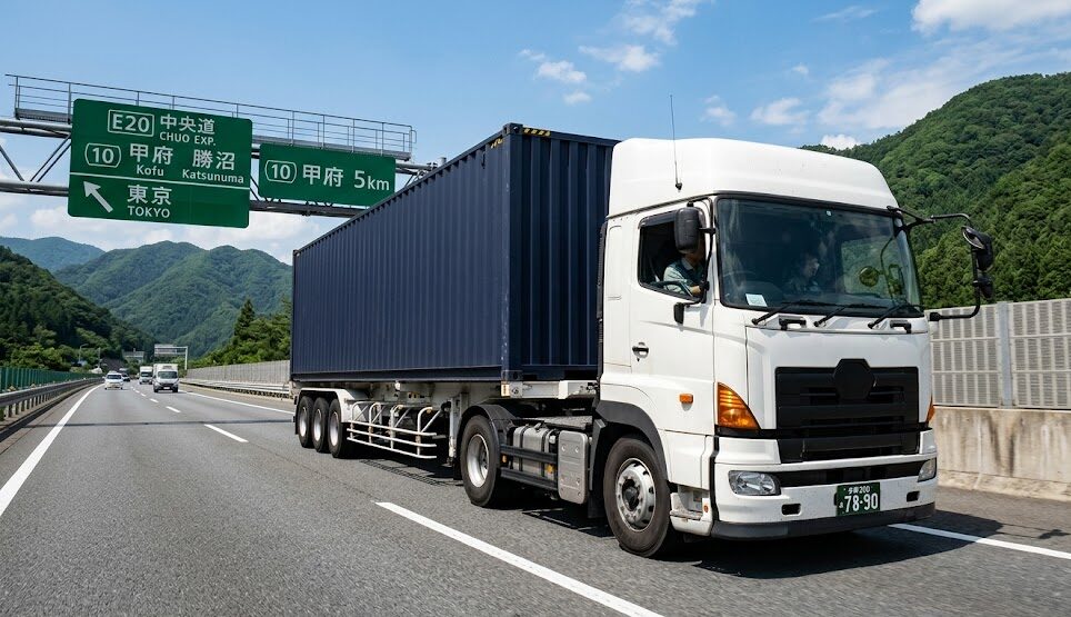 重要物流道路の特定区間を走行する40ft背高コンテナ積載のセミトレーラー