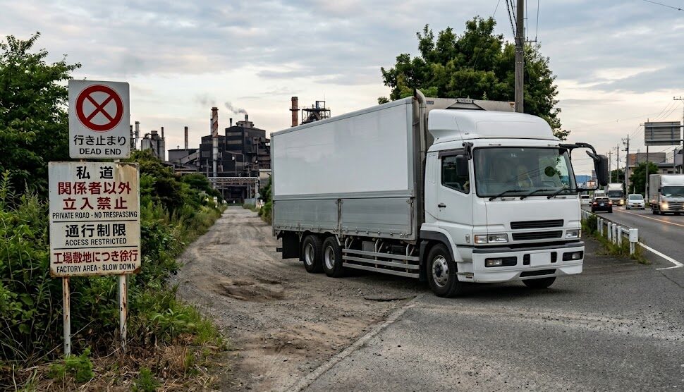 大型トラックが未収録道路（細い砂利道）へ進もうとしている郊外の工場入口