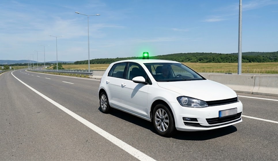 高速道路を走行する誘導車のイメージ（橙色回転灯を装備した白い乗用車）