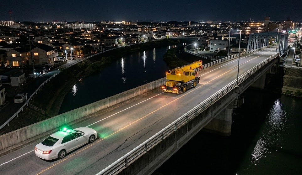 夜間に橋上を走行する黄色いラフタークレーンと、真後ろで緑回転灯を点灯した白い誘導車