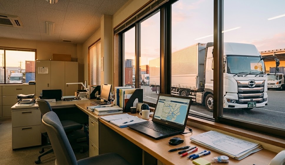 特殊車両通行確認制度の経路検索画面が表示されたノートPCと、窓外に停車する大型セミトレーラー