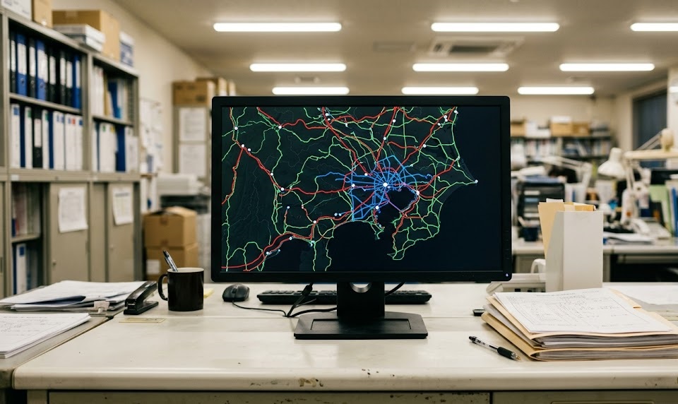 特車申請オンラインシステムの道路地図画面と申請書類が置かれたデスク