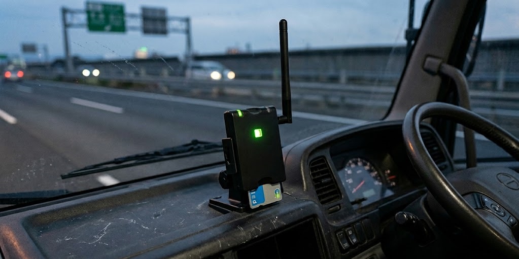 トラック運転席に設置された業務支援用ETC2.0車載器｜特車ゴールド制度