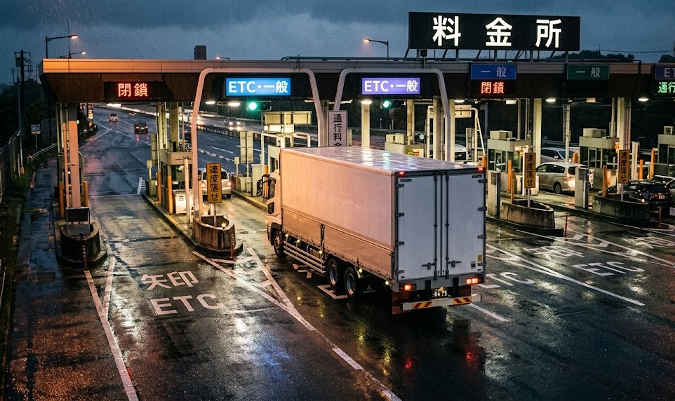 高速道路料金所を通過する大型トラック——特殊車両取締りと措置命令のイメージ