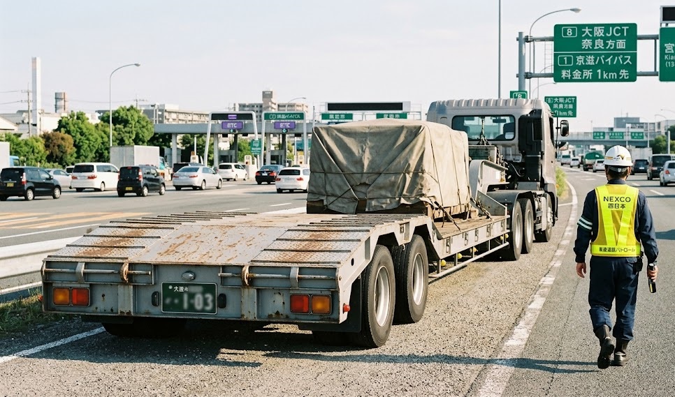 高速道路路肩に停車した低床トレーラーとNEXCOパトロール員による特殊車両の取締り