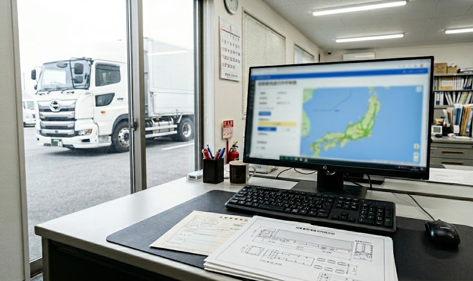 特殊車両通行許可申請システムの画面が映ったデスクトップPCと諸元図面が置かれた運送会社の事務所