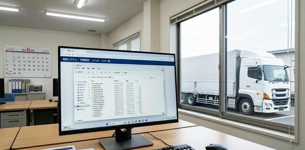 特車オンライン申請の推奨環境確認｜運送会社の事務所でWindowsのファイル設定を操作するデスク