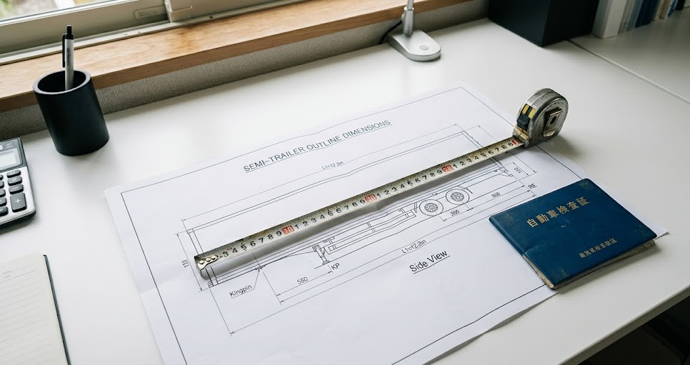 トレーラの寸法図・メジャー・自動車検査証が並ぶ作業デスク（特車申請・車両諸元入力）