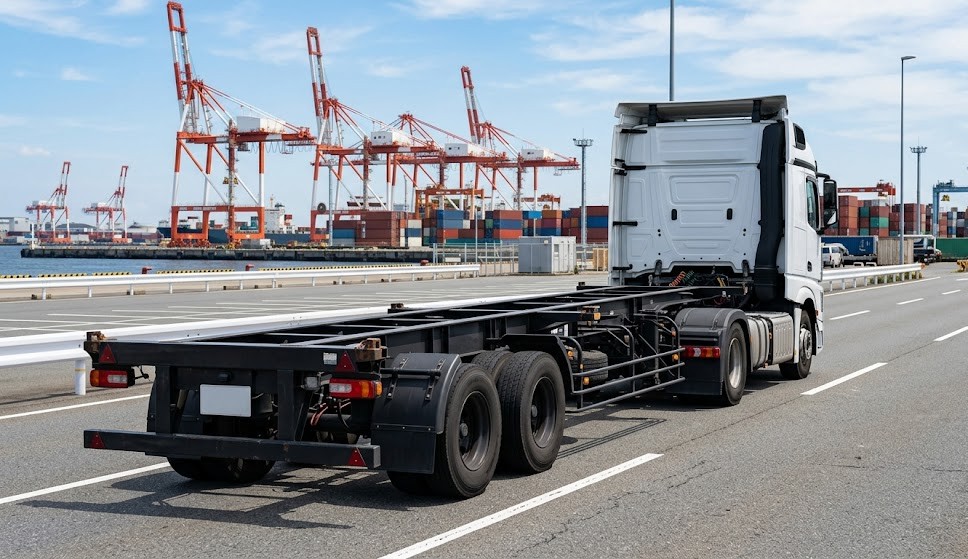 空のコンテナシャーシが港湾を走行——空車時も特車許可証の携行が必要