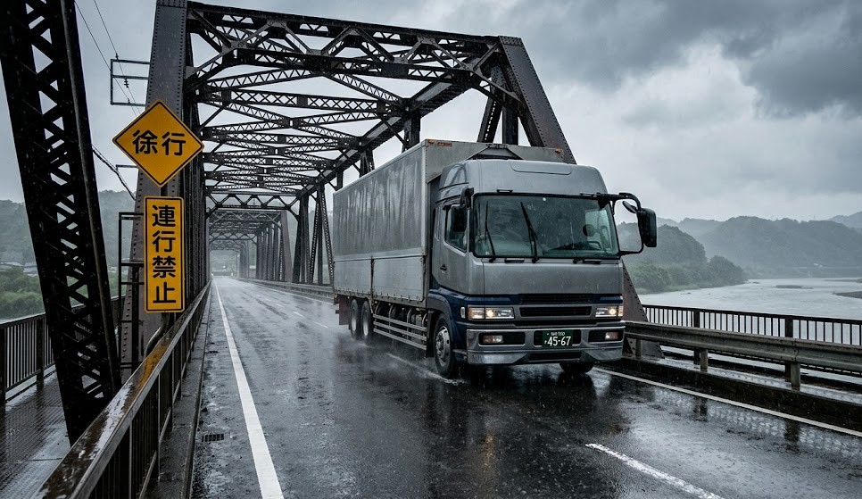 鉄橋入口の「徐行」「連行禁止」標識と、雨天の橋梁を走行する大型トラック