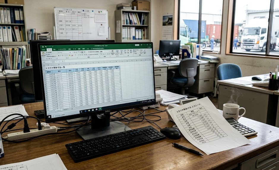 特車申請のオンライン入力前にExcel車両諸元一覧表で数値を整理している作業デスクの様子