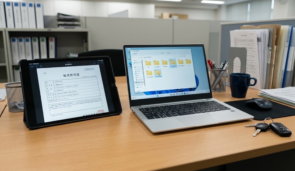 特車許可証をタブレットに転送しbinファイルをバックアップする担当者のデスク