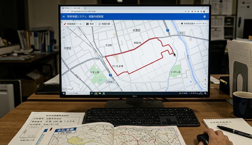 特車申請のオンラインシステムで未収録道路を手動入力している画面