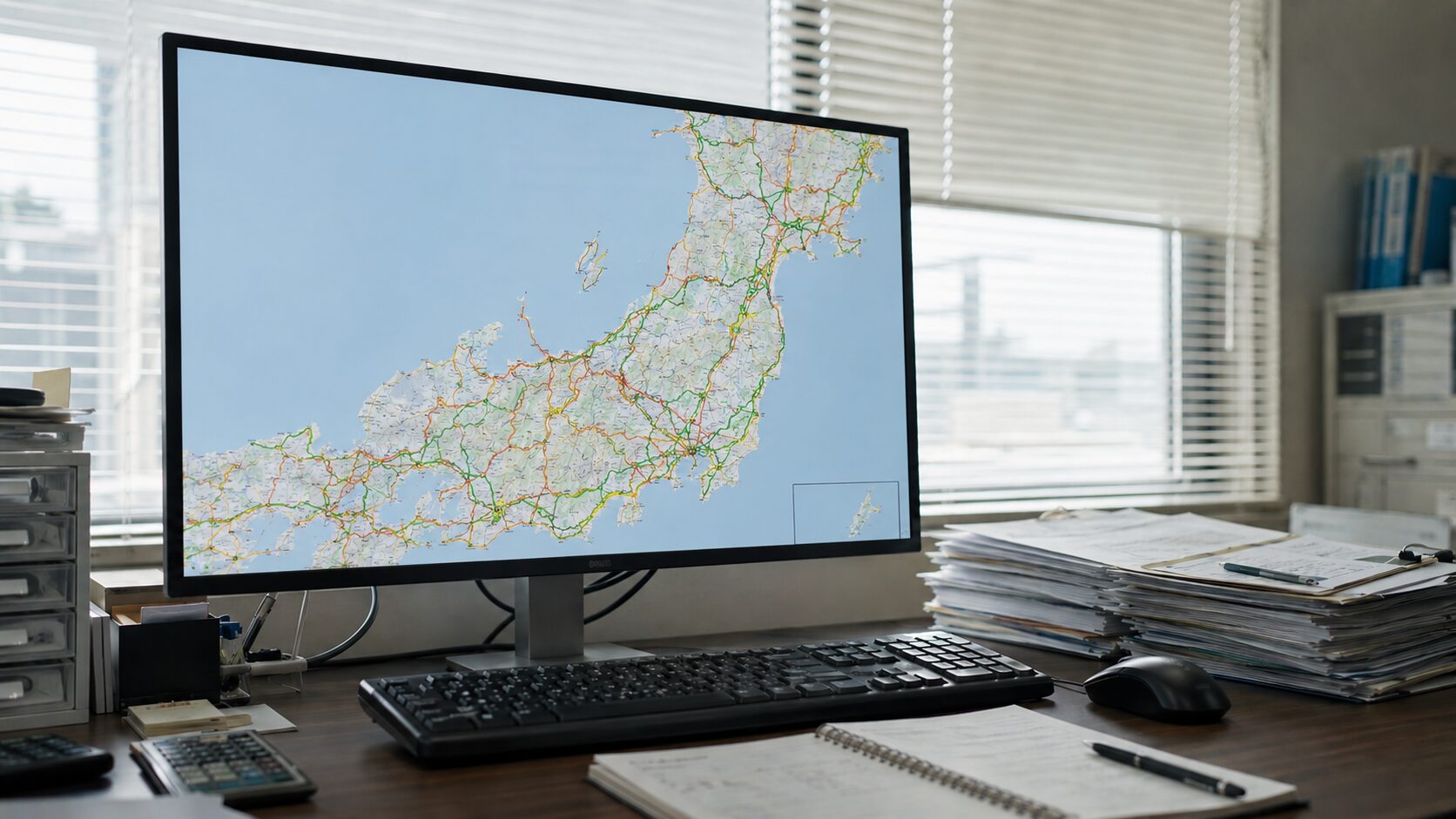 特車申請のオンラインシステムで色分けされた道路地図を表示したオフィスのデスク