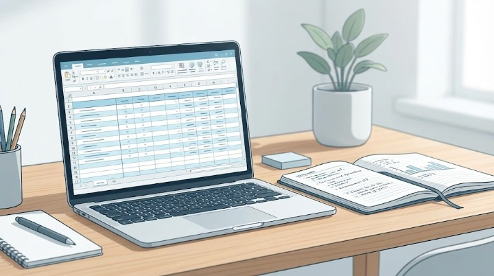 古物台帳をExcelで記録するパソコンと手書きノートのイメージ