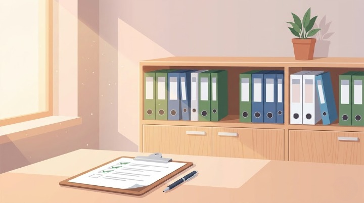 古物台帳を適切に保管する書類棚とチェックリストのイメージ