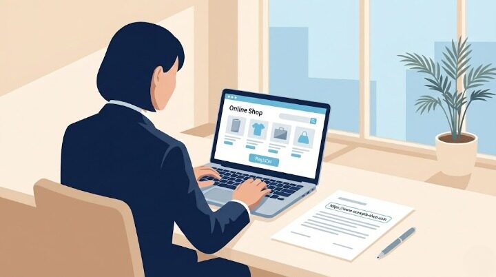 パソコンでネット販売のURL届出手続きをする女性のイメージ