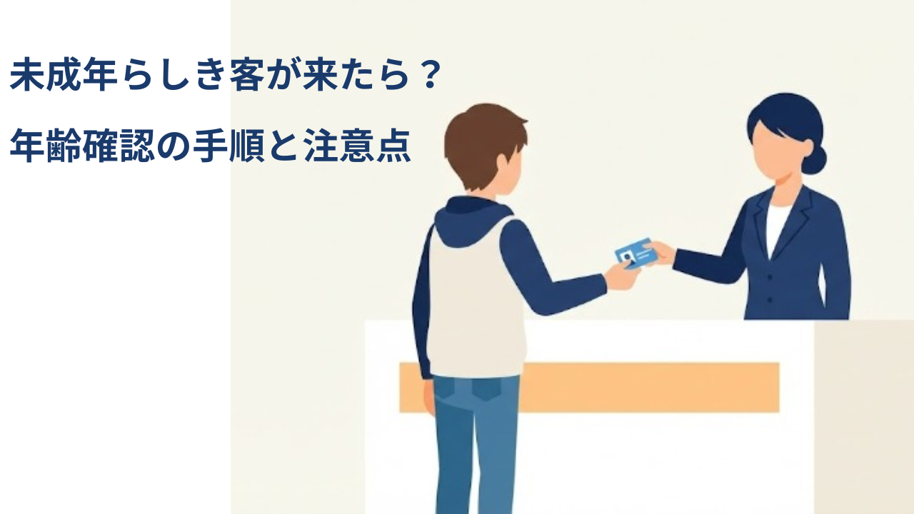 未成年らしき客から身分証を確認する買取店スタッフのイラスト