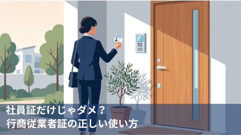 出張買取に訪れた女性スタッフが玄関先で行商従業者証を提示しているイラスト