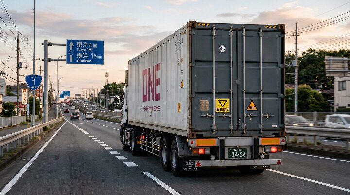 国道を走行する海上コンテナ車の後方写真。車両後面に基準緩和認定の緩和標章（▽マーク）が表示されている