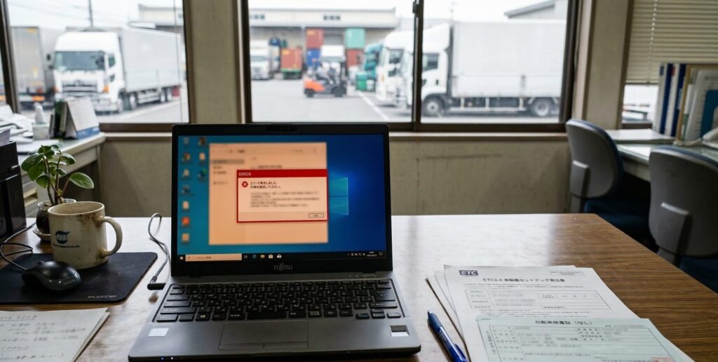 運送会社の事務所デスクに置かれたノートパソコンの画面に赤いエラーメッセージが表示されている。パソコンの横にETC2.0車載器セットアップ申込書と車検証の写しが並んでいる。窓の外にはトラックヤードが見える。