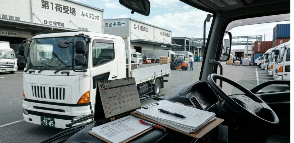 期限管理を連想させる、物流倉庫の敷地内に停車した大型トラック