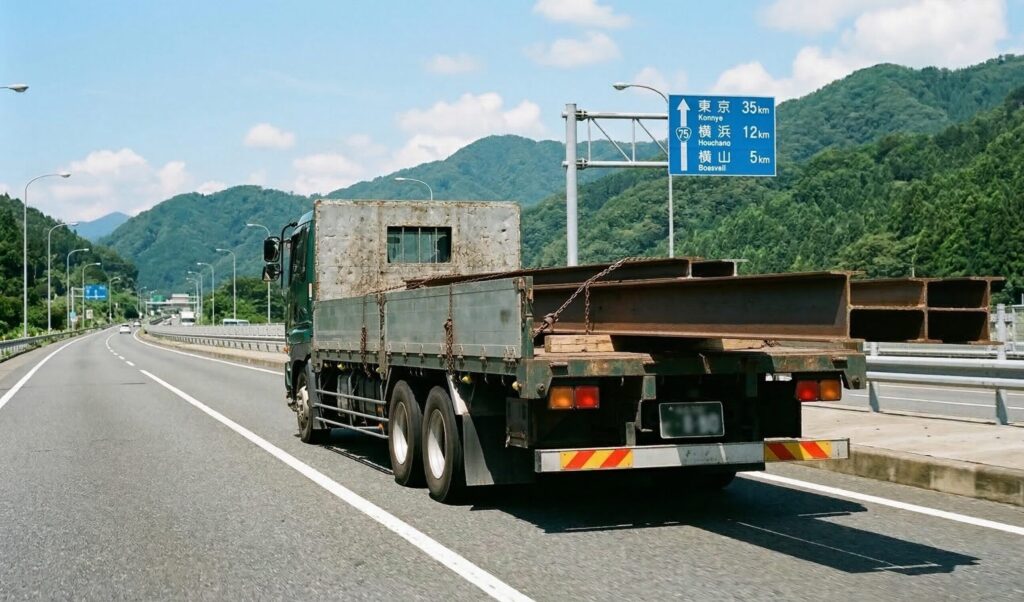 国道を走行する大型平ボディトラック。長尺のH鋼が荷台後方にはみ出して積載されている