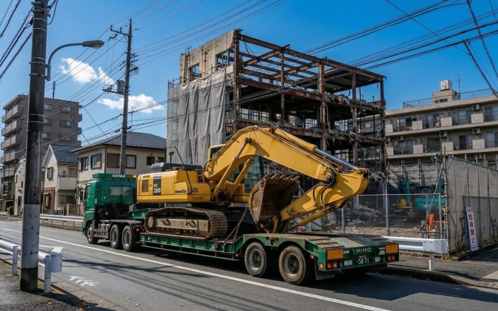 クラッシャーアタッチメントを装着した油圧ショベルを低床トレーラーで回送している場面。特車申請が必要な解体重機の輸送。