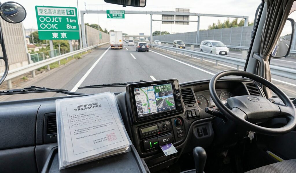 大型トラックの運転席に備え付けられた特殊車両通行許可証。クリアファイルに入った許可証がダッシュボード横に設置されている