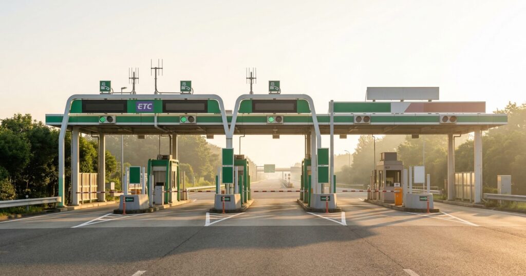 高速道路の料金所ゲートが3レーン並んでいる正面写真｜特車オンライン申請の3系統を選ぶイメージ