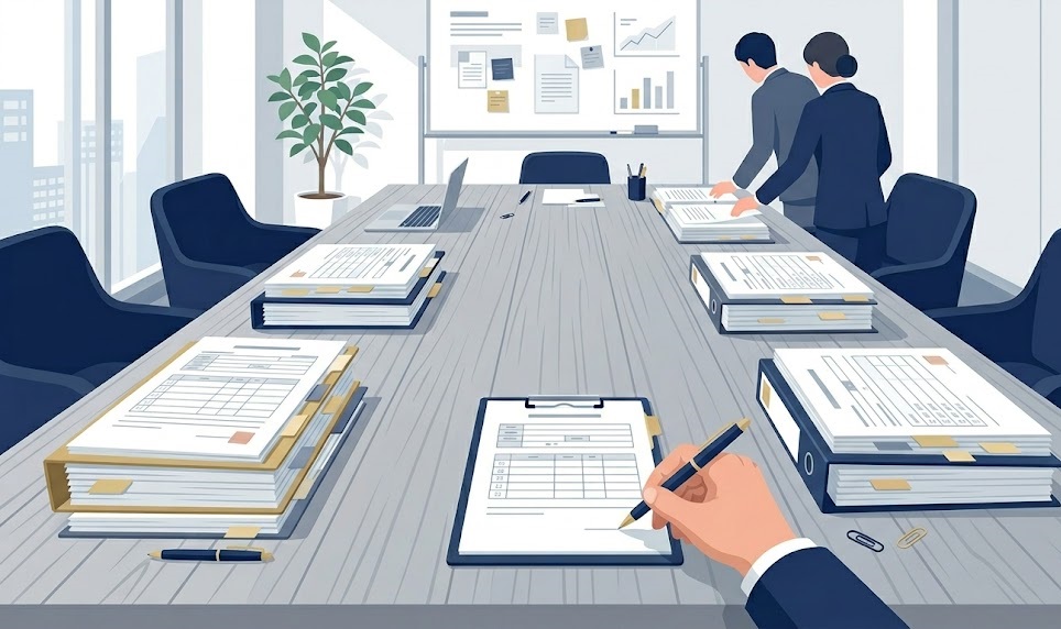 法人の古物商許可申請で役員全員分の書類を準備するイメージ