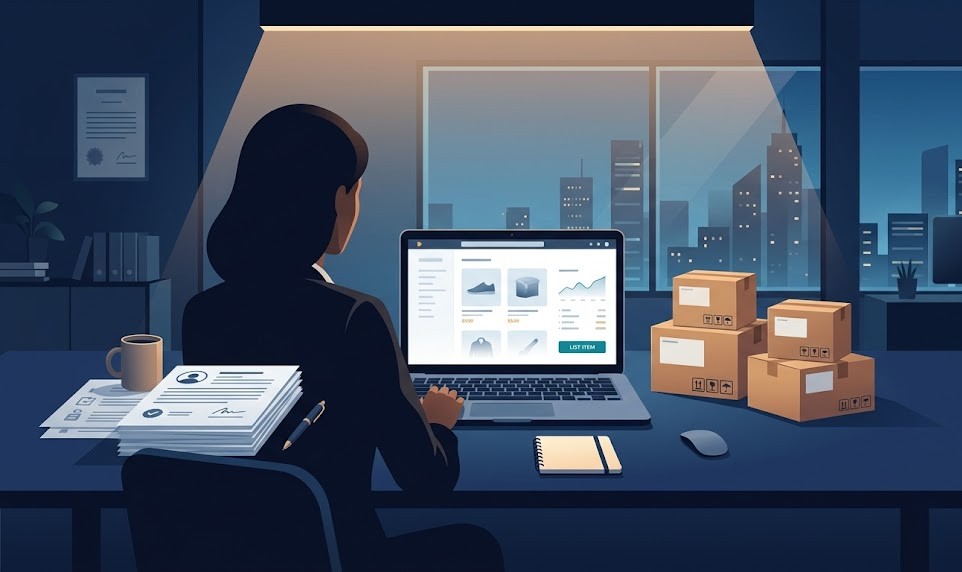 Amazon出品における古物商許可の申請書類と荷物のイメージ