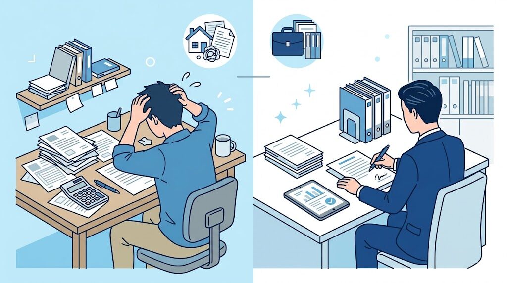 自分で古物商許可を申請して悩む人と行政書士がスムーズに書類を処理する比較イラスト